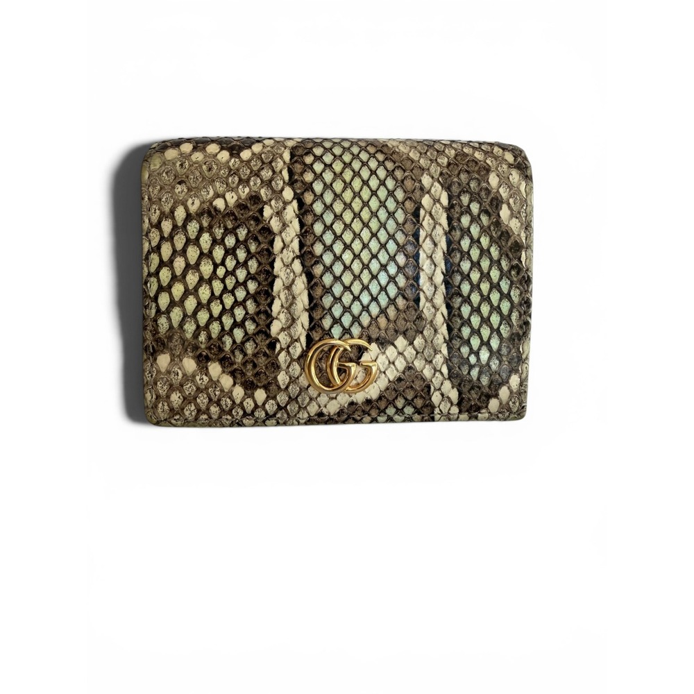 Gucci GG Marmont Python Wallet Beige Snakeskin Compact Flap Gold Logo